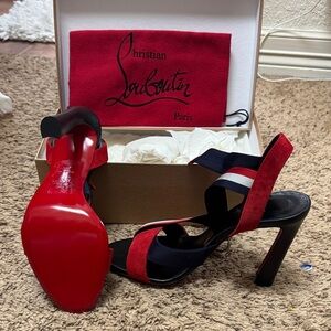 Christian Louboutin Red and Navy Blue Strappy Heels